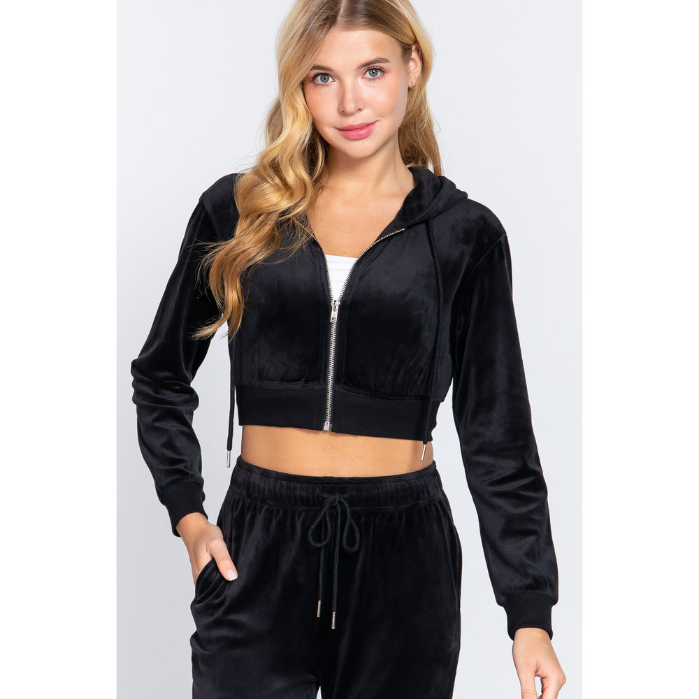Long Slv Velour Hoodie Crop Jacket - Picture 2 of 7